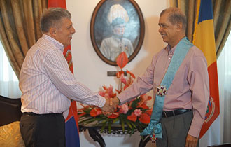 President Michel receives the Order of the Republic of Serbia on a Sash from New Serbian Ambassador accredited to Seychelles